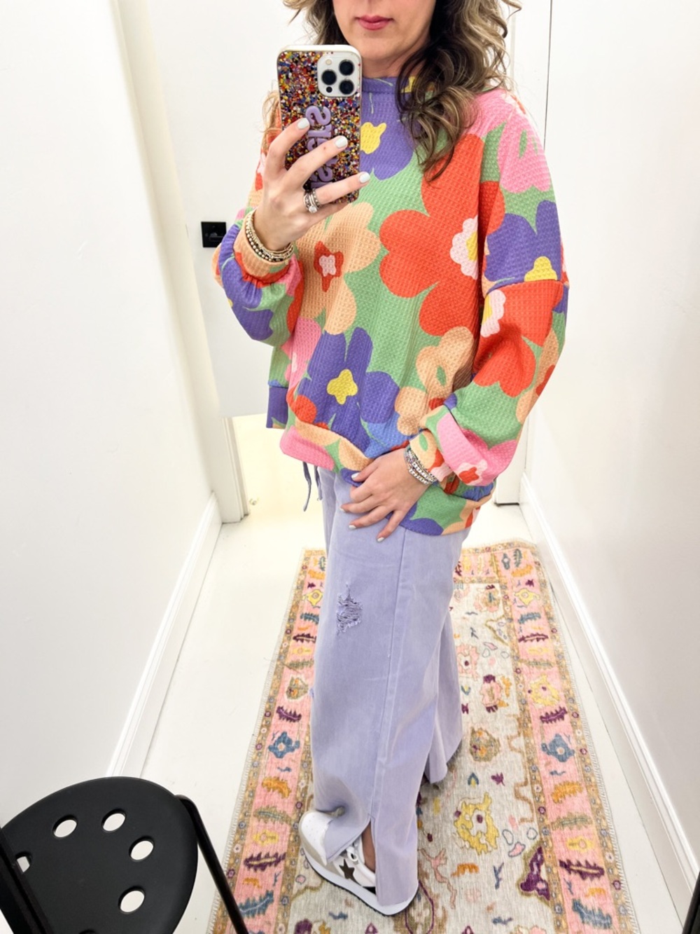 Hopley Boutique Colorful Floral Waffle Knit Top Size Small‎